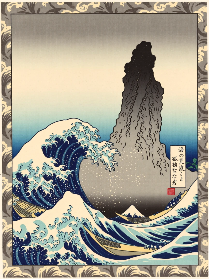 A lone sea stack beneath towering ocean waves, as fog rolls in from the sea.