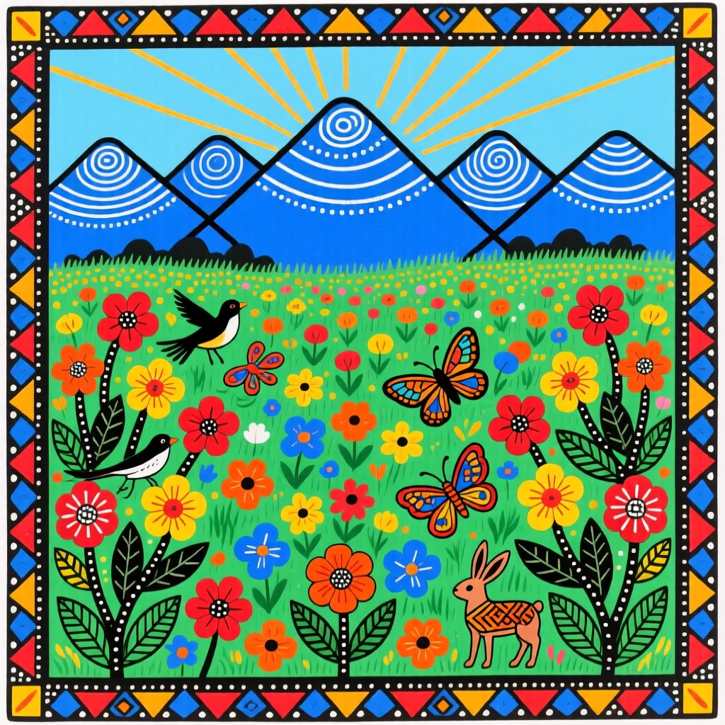 A meadow of wildflowers stretching toward a distant blue mountain range.