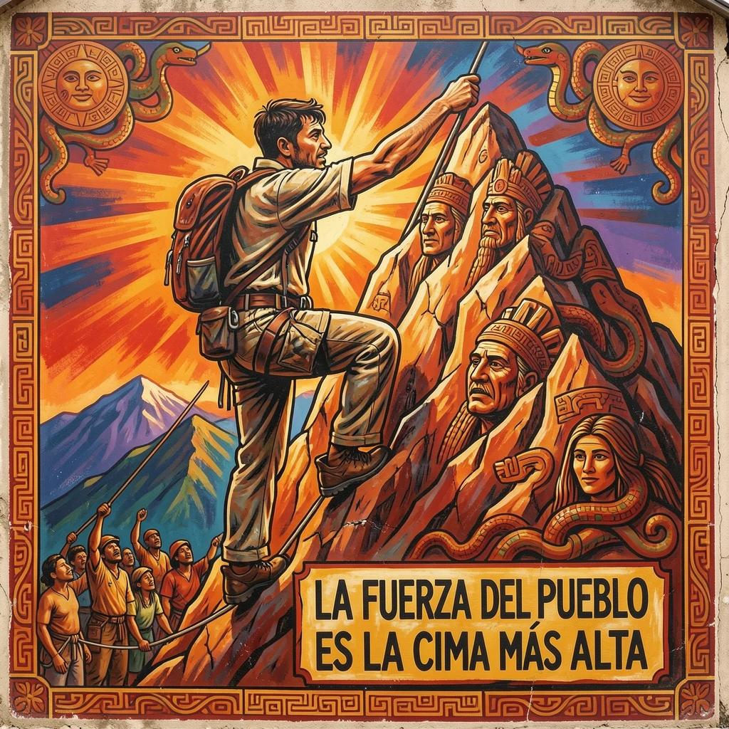 A mountain climber reaching the summit at sunrise
