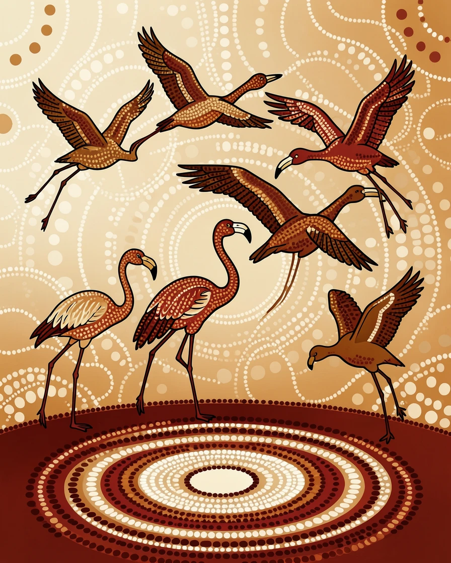 A flock of flamingos taking flight at dawn