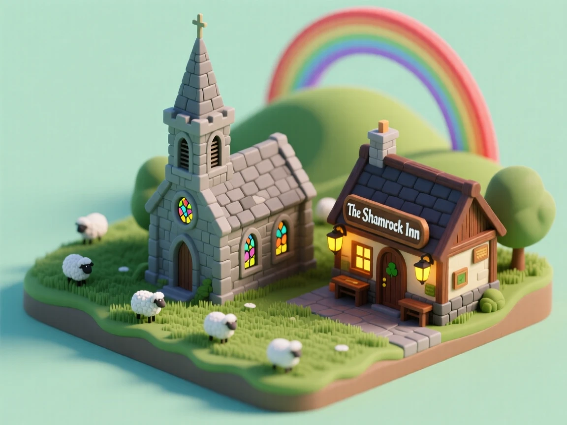 A miniature Irish village with a stone church, rolling green hills dotted with sheep, a pub with warm lantern light, and a rainbow arching over a distant hill.