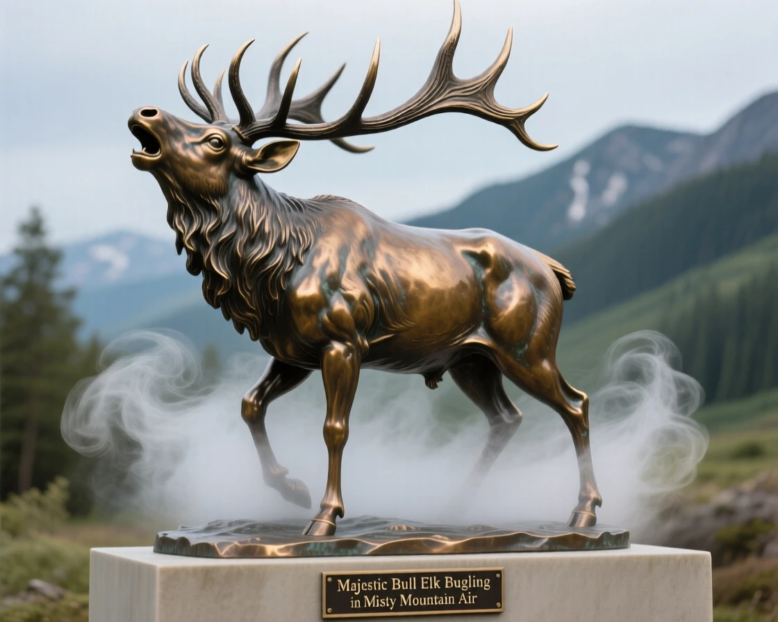 A majestic bull elk bugling in misty mountain air, surrounded by atmospheric mist and light, evoking wonder and majesty