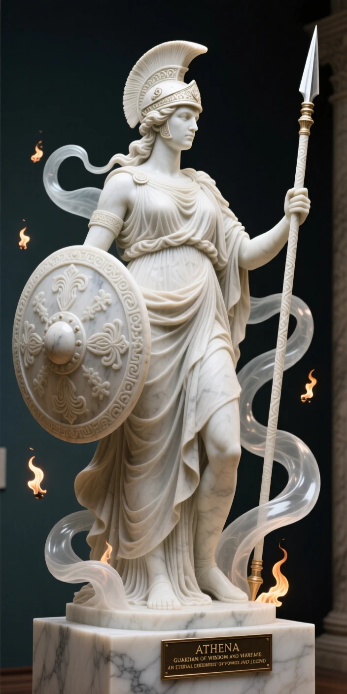 Athena standing guard with shield and spear, surrounded by swirling light and floating embers, radiating power and legend