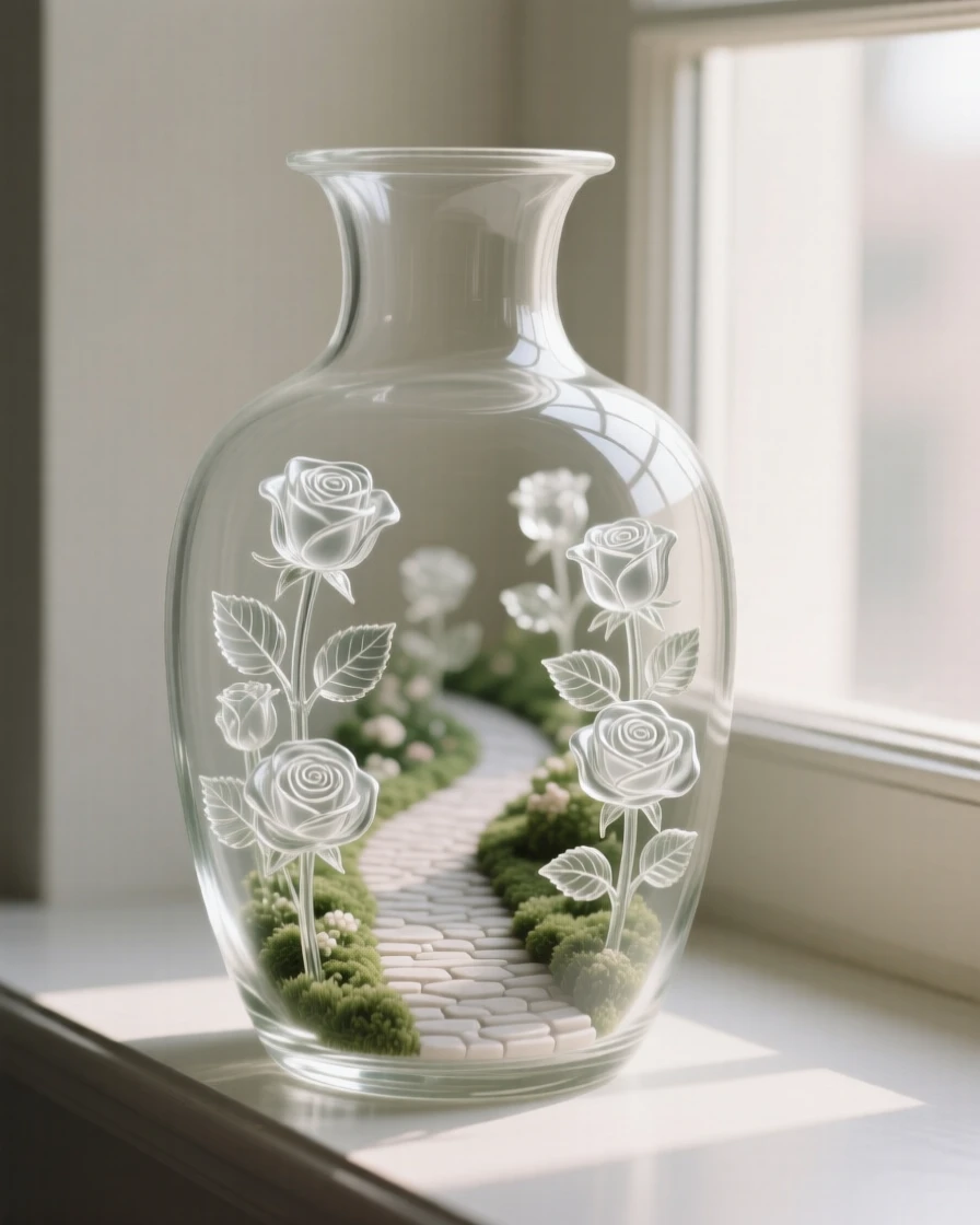 A rose garden path arranged in an elegant vase on a windowsill, soft diffused light streaming in, creating a tranquil still-life mood.