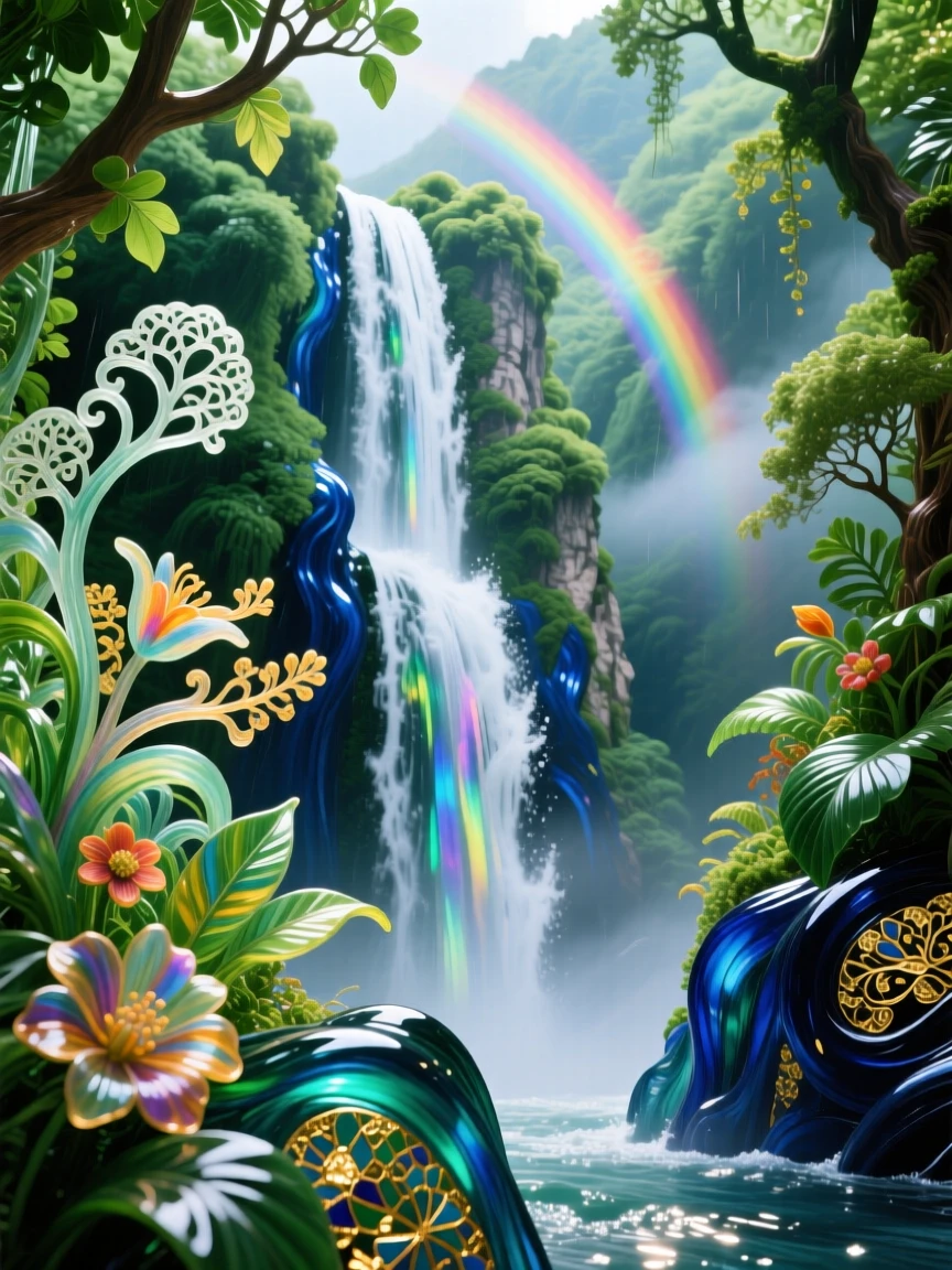 A towering waterfall cascading through a lush emerald rainforest canyon, powerful and breathtaking, rainbow forming in the mist.