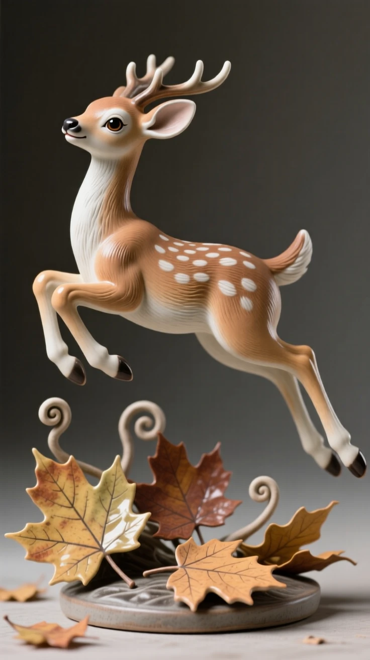 A fawn caught in a playful leap, framed by scattered autumn leaves, offering a serene glimpse into nature's stillness.
