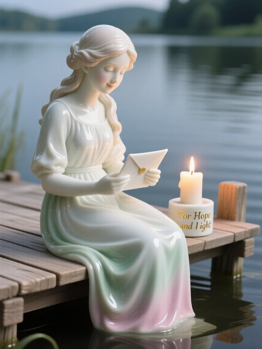 A youthful shepherdess reading a letter by candlelight, a faint, knowing smile on her lips, in a quiet lakeside dock.