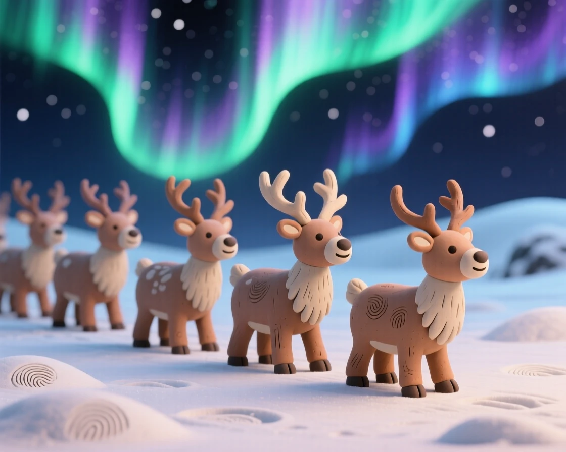 A herd of reindeer trekking across a snowy tundra under the northern lights