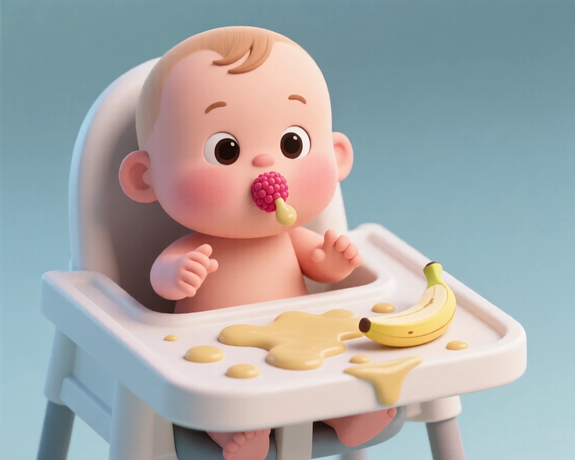 A chubby-cheeked baby boy blows a raspberry while sitting in a highchair covered in mashed banana.