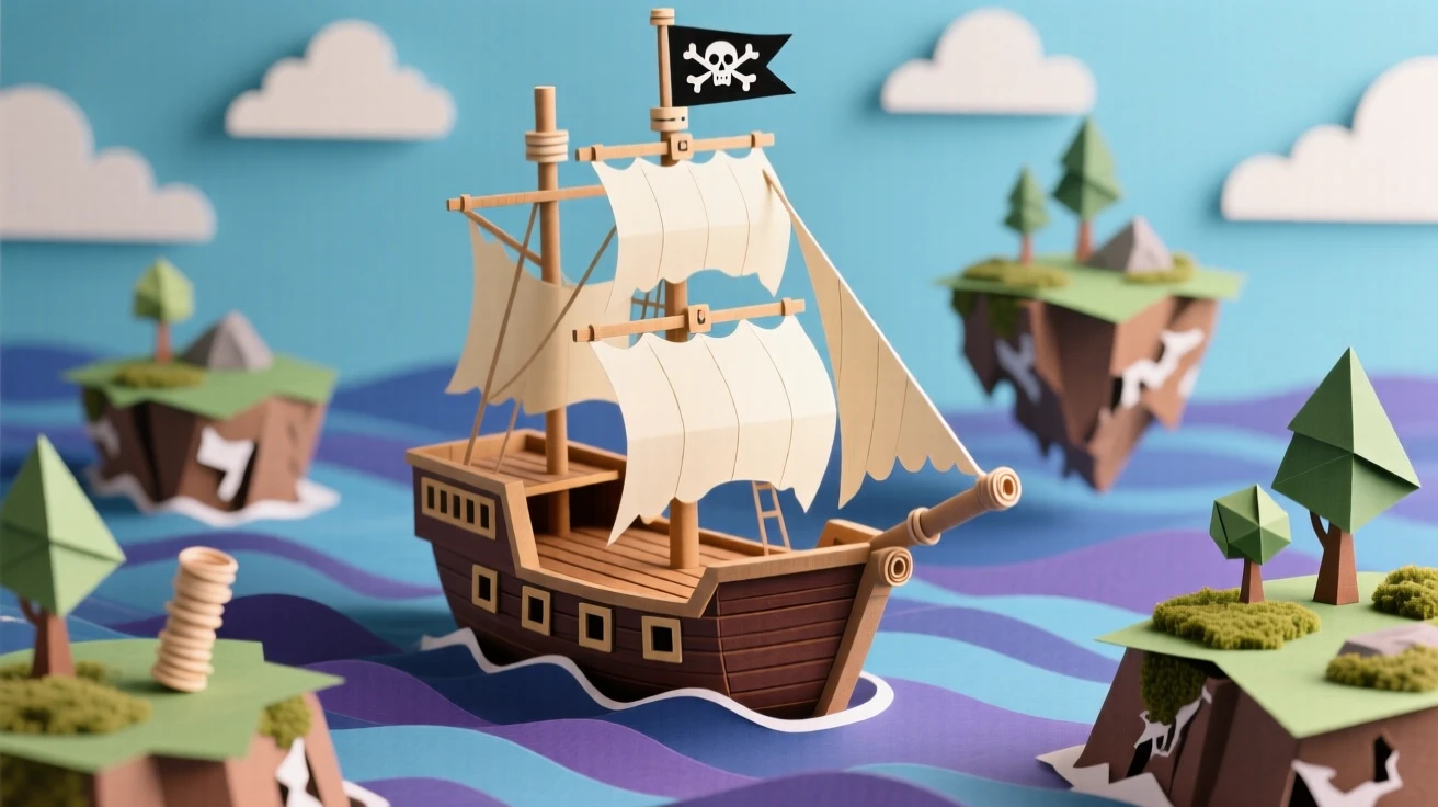 A pirate ship sailing through a sky ocean among floating islands, sails billowing against a sunset sky filled with drifting clouds, capturing whimsical adventure.