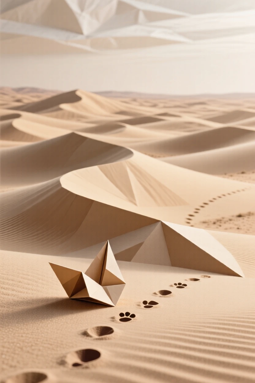 A vast desert of rolling sand dunes shaped by wind, a lone set of footprints trailing into the distance.
