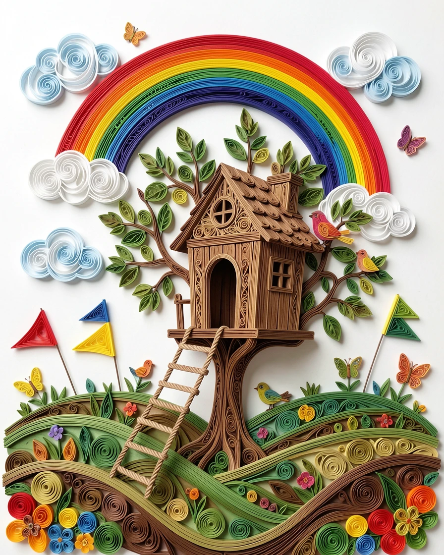 a treehouse with a rope ladder and colorful flags, under a rainbow arching over rolling hills, framed with charming small details scattered throughout, with soft fluffy clouds drifting by.