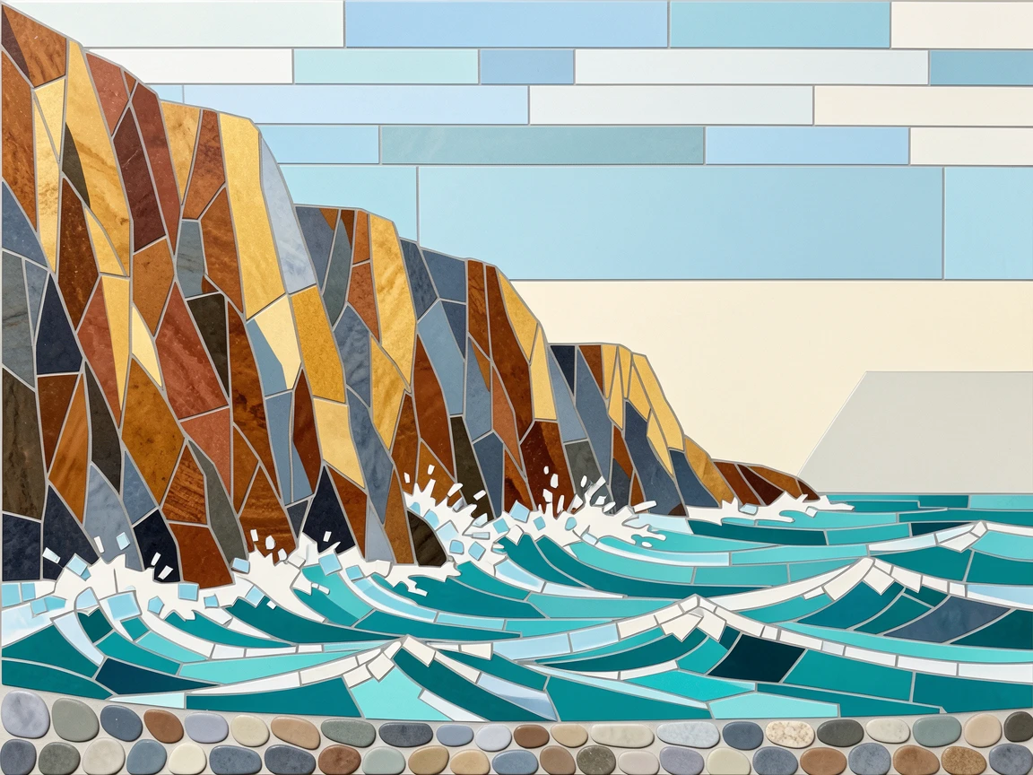 A rugged coastline with towering cliffs and crashing turquoise waves.