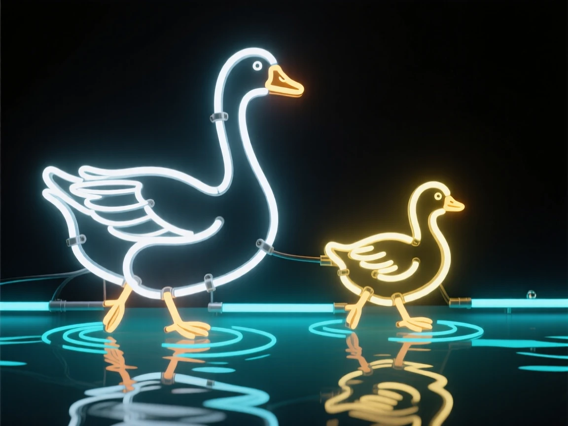 A gosling following closely behind its mother across a pond.