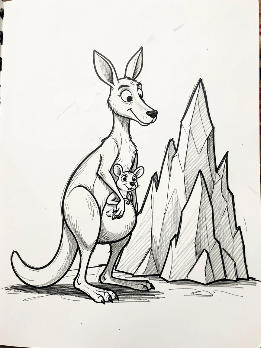 A kangaroo with a joey in its pouch beside an icy glacier.