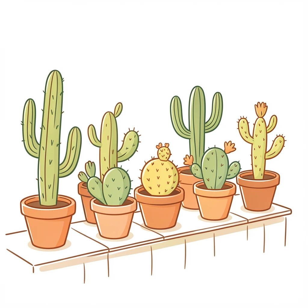 A cactus garden in terracotta pots lined along a sunlit patio ledge.