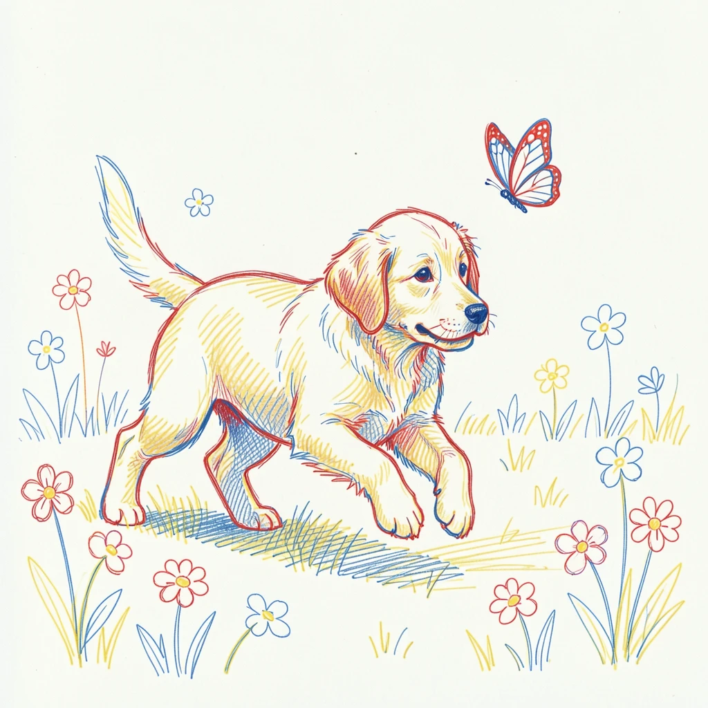 A golden retriever puppy chasing a butterfly through a flower-filled backyard