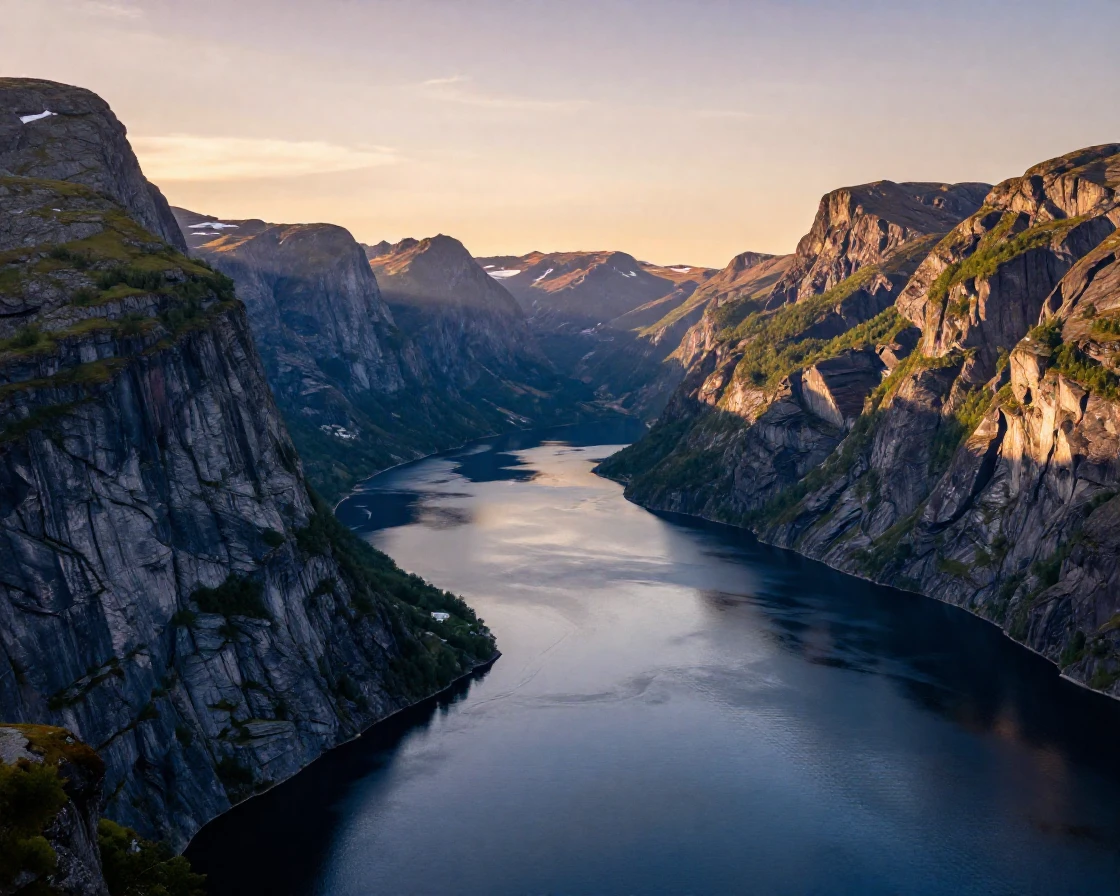 The dramatic fjords of Norway under a midnight sun