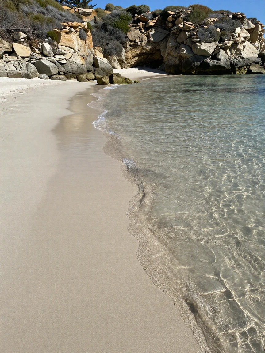 A quiet cove reveals crystal clear water over pale sand at low tide.