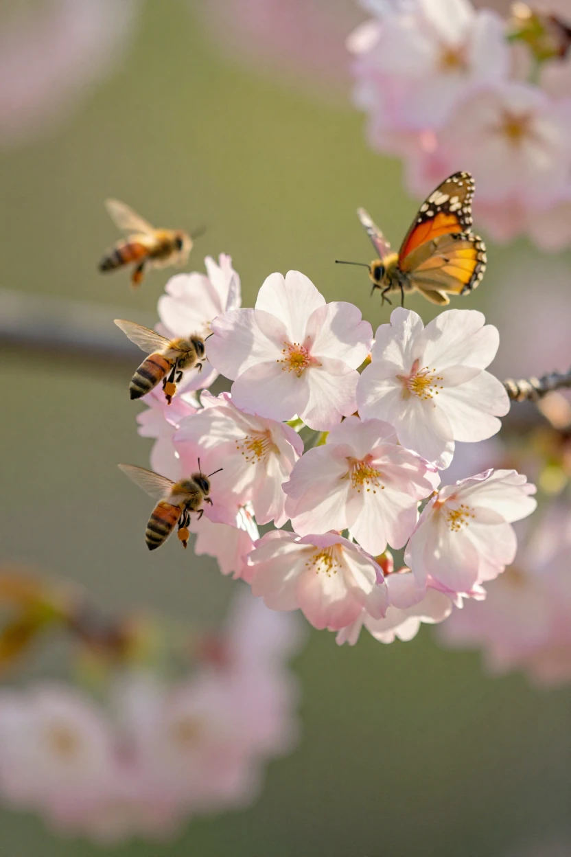 A cluster of delicate cherry blossoms surrounded by buzzing bees and butterflies