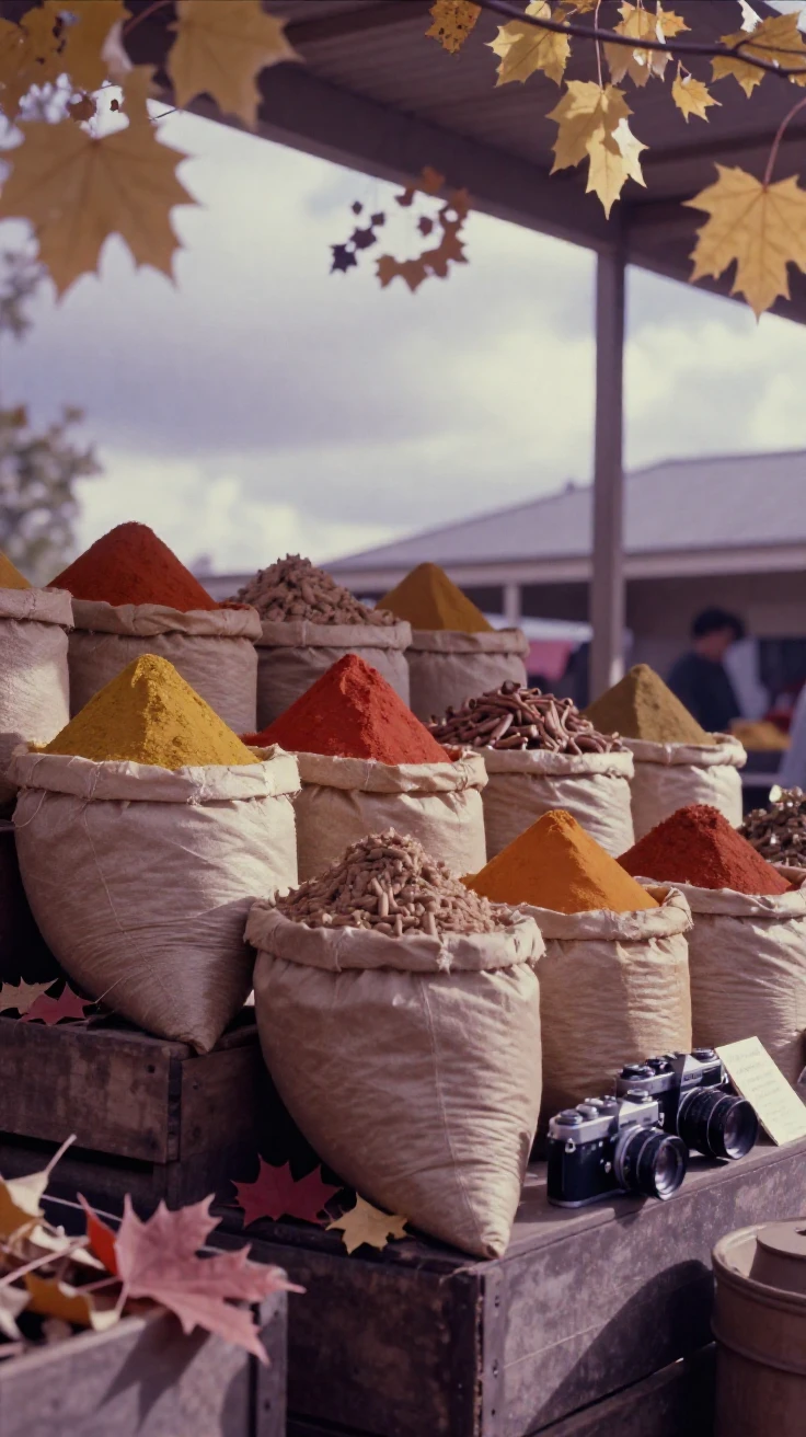 A spice market with sacks of vivid colored powders, in soft window light, under scattered clouds, as autumn leaves turn gold and red, in dusty lavender and rose tones, peering through foliage in the foreground.