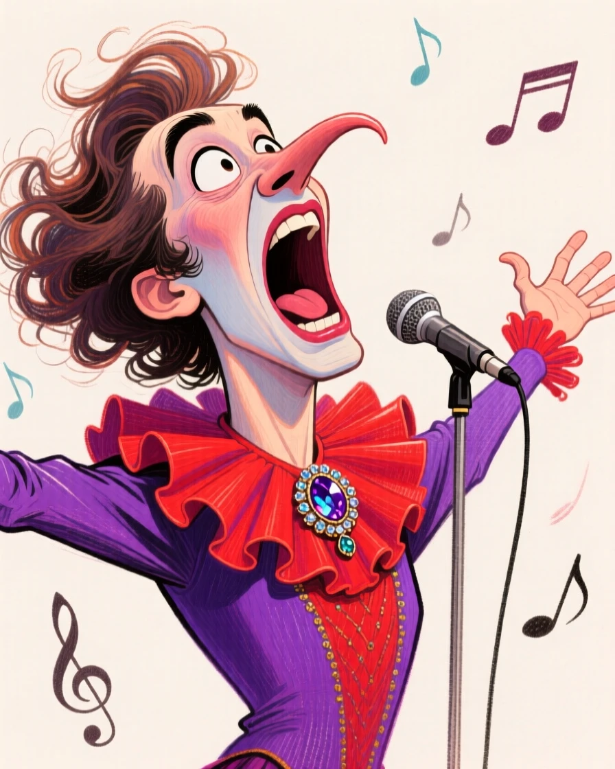 A dramatic fictional opera singer with arms wide, mouth open in a powerful high note.