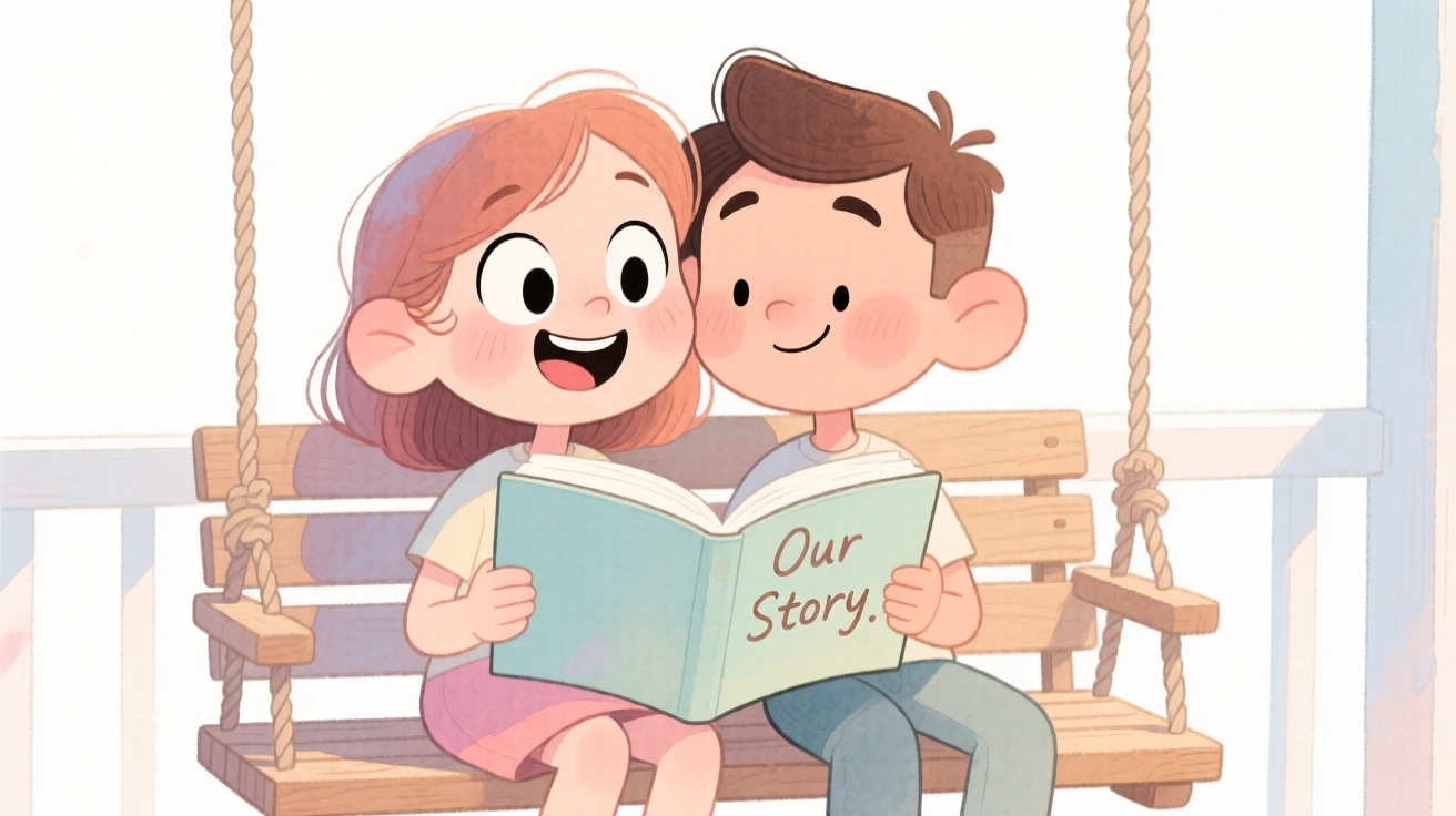 Two best friends turned sweethearts reading the same book together on a porch swing