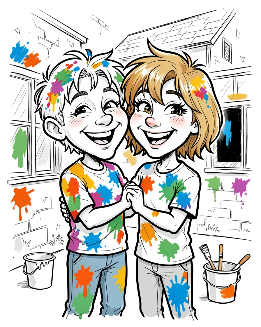 [Family & Relationship Moments] Heartwarming scene of a couple renovating an old house together, covered in paint, radiating love and warmth