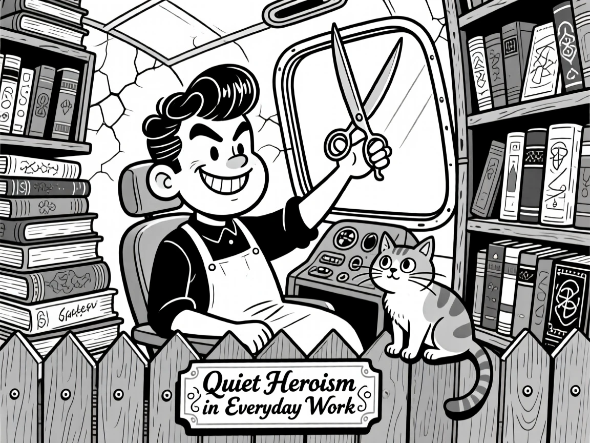 A stylish hairdresser wielding scissors like a sword, waving confidently from the cockpit window, set among towering shelves of ancient books. A curious neighborhood cat watches from a fence. The scene celebrates the quiet heroism of everyday work.