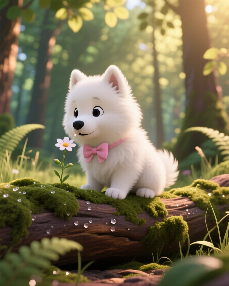 A fluffy Samoyed puppy is perched on a mossy log in a quiet forest, sniffing a single wildflower. Innocent curiosity shines through the moment, with a tiny bow tied around its neck.