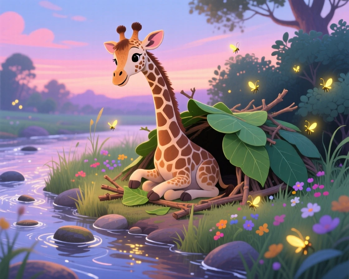 A long-necked giraffe calf is building a tiny den out of leaves in a babbling riverbank, while fireflies begin to glow.