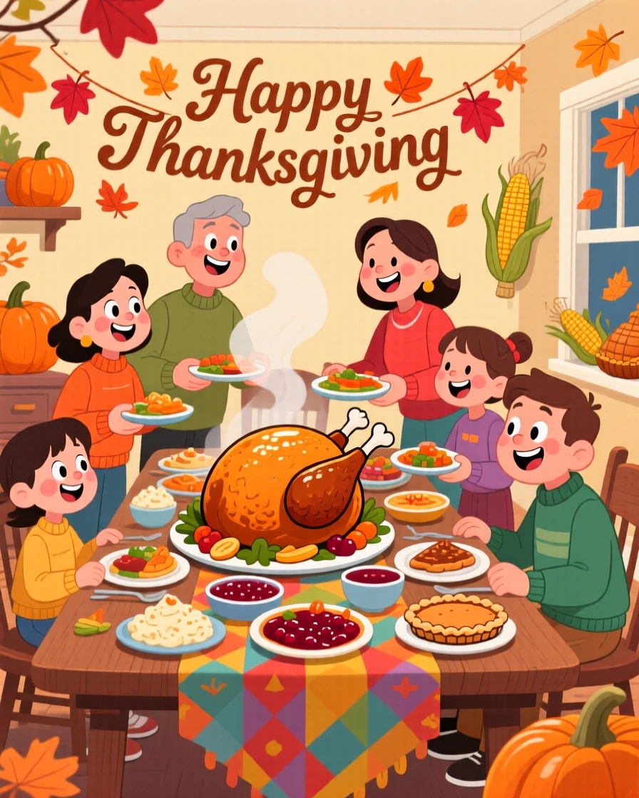 A family roasting turkey and gathering for a Thanksgiving feast.