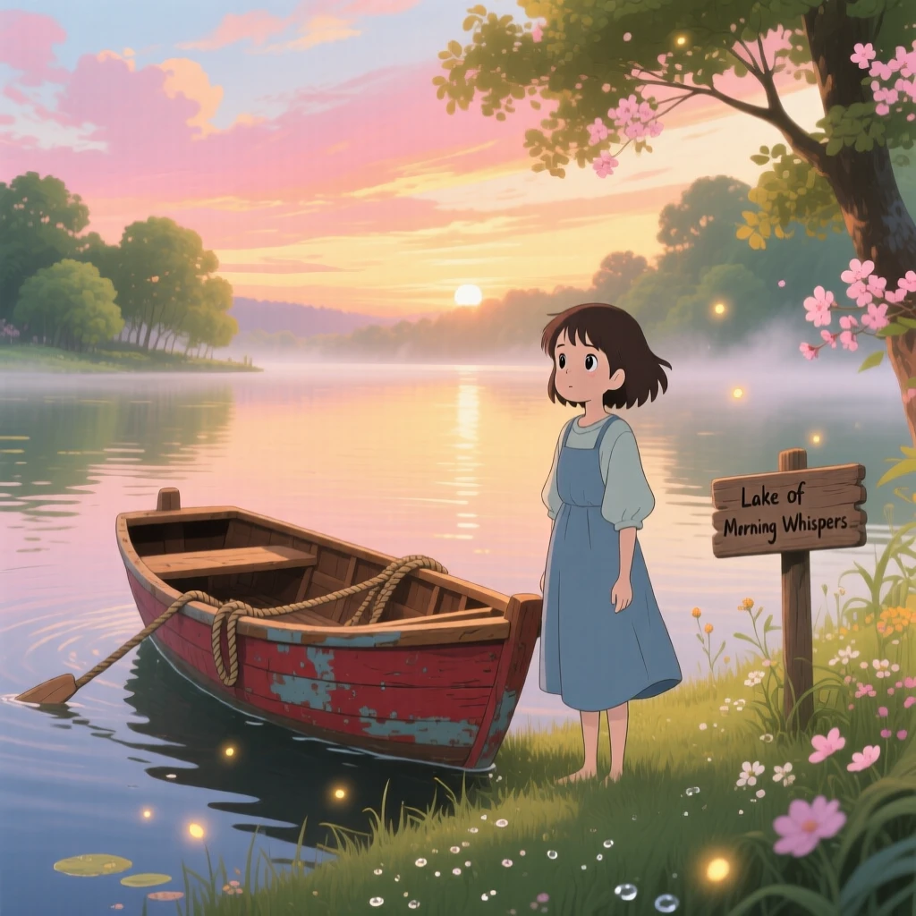 A charming scene of a rowboat resting on the shore of a quiet lake at dawn, under a sky painted with warm colors.
