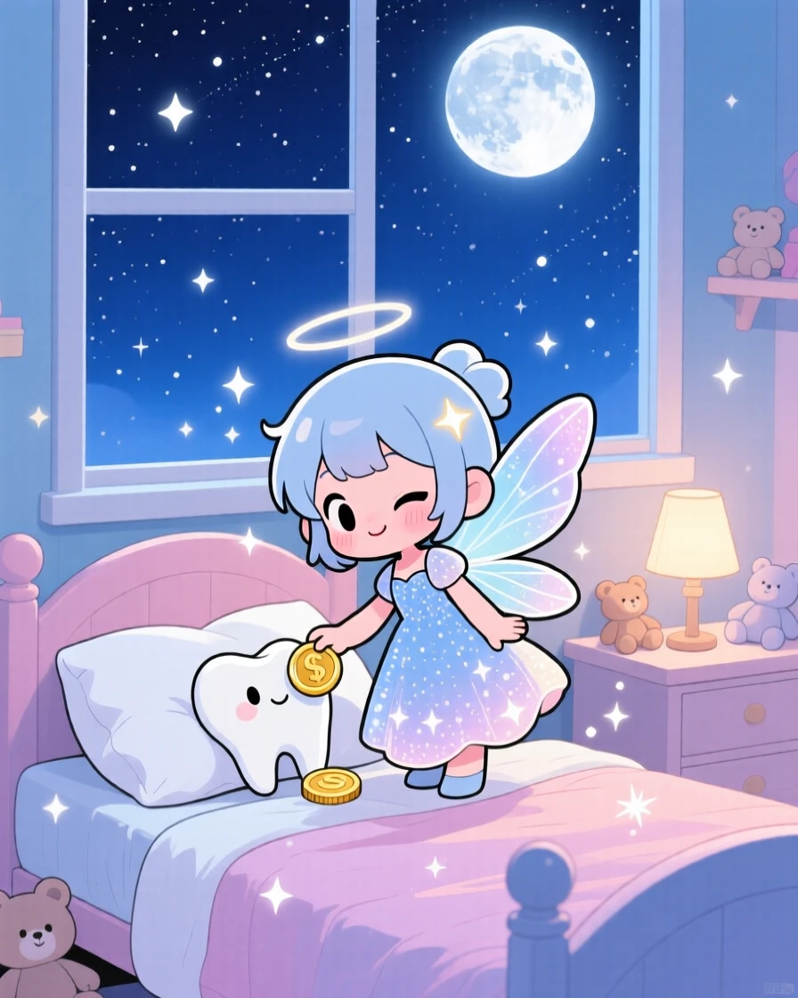 Silhouette composition: a tooth fairy, tucking a coin under a pillow with a wink, set against a moonlit child's bedroom under a starry midsummer night sky, with soft moonlight and a mood of sleepy relaxation.