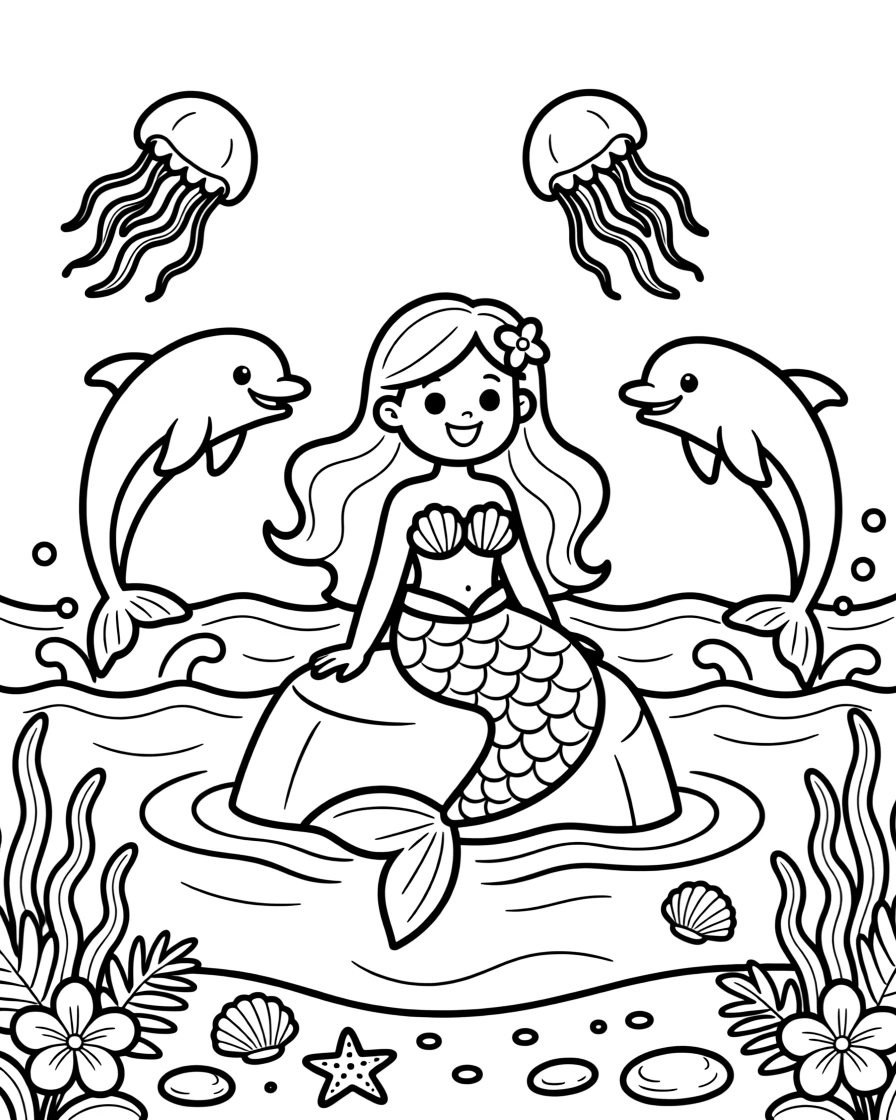 A mermaid lagoon with dolphins and glowing jellyfish