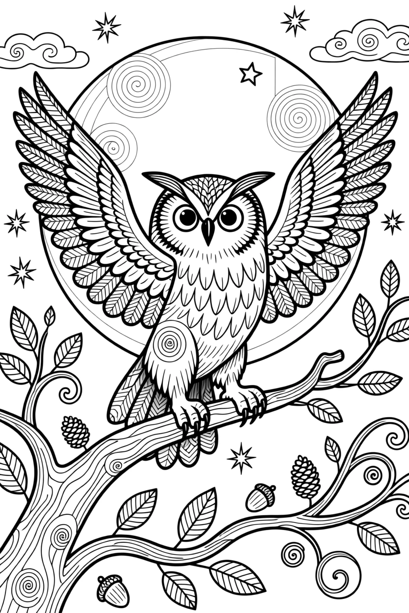 A great horned owl with wings spread against a full moon.