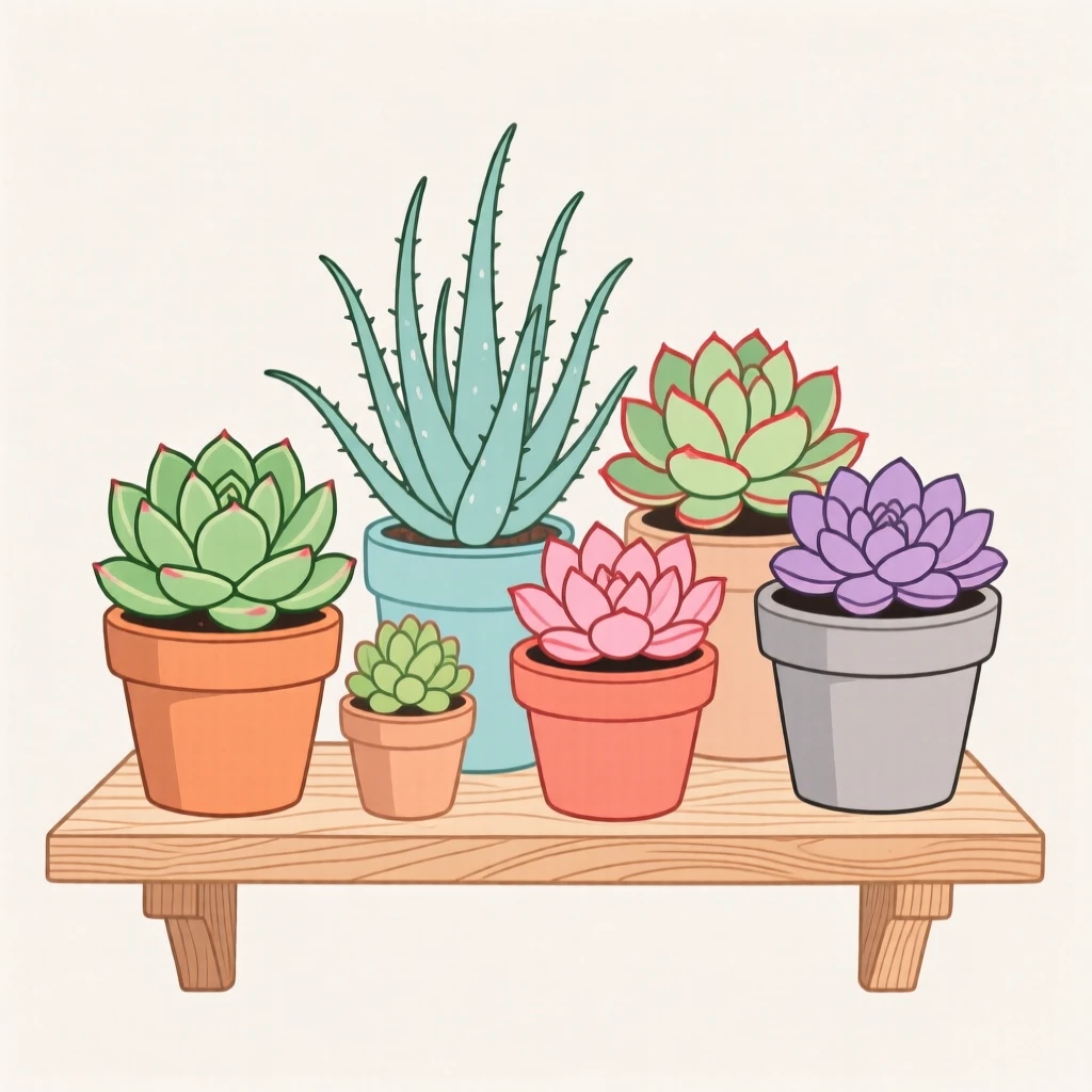 A potted succulent garden on a wooden shelf.