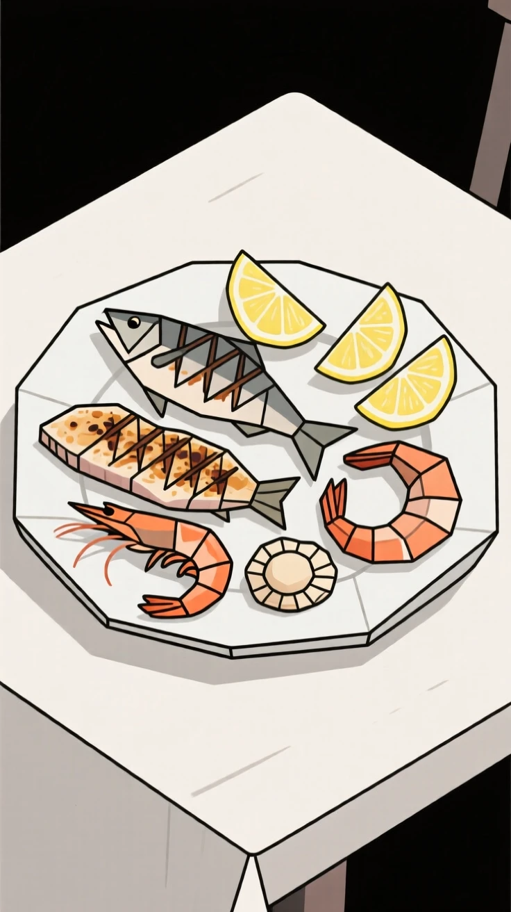 A platter of grilled seafood with lemon wedges