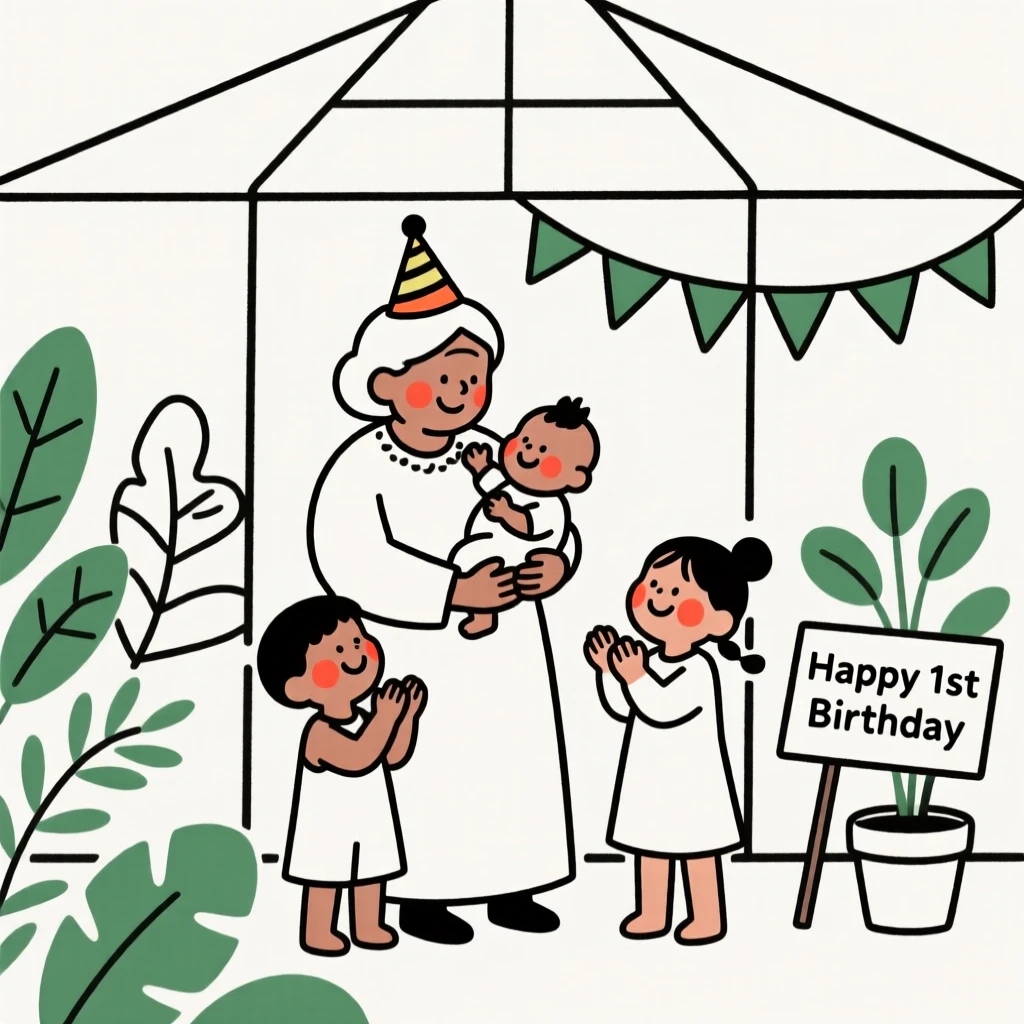A grandmother and grandchildren of Ethiopian heritage celebrating a baby's first birthday, in a botanical garden greenhouse.