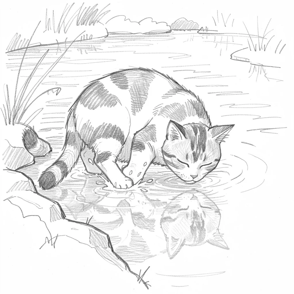 A heartwarming scene of a sleeping calico cat splashing through a shallow stream, with its reflection shimmering in a pond.