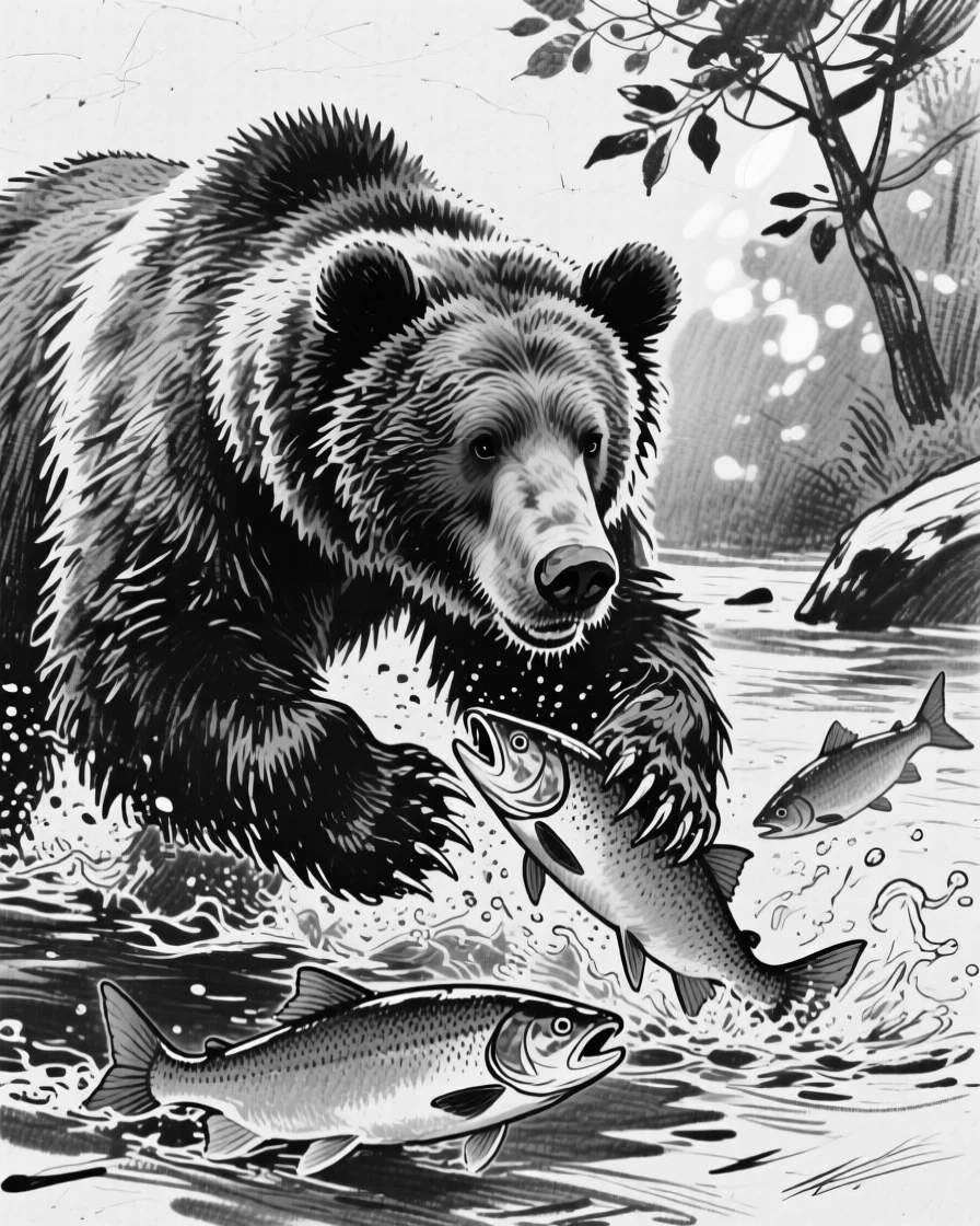 A grizzly bear catching salmon playing together in a sun-dappled clearing.
