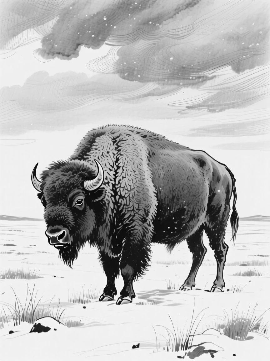 A bison standing solitary on a snow-dusted plain under grey skies.