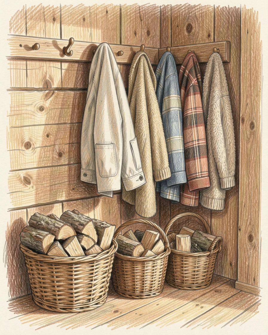 A rustic mudroom with hanging coats and baskets of firewood, with delicate details in the woodwork and fabric textures, perfect for anyone who loves cottagecore charm.