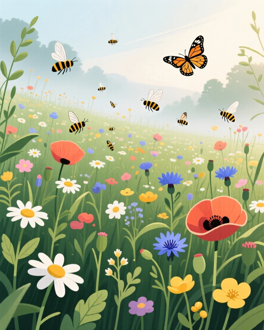 A wildflower meadow buzzing with bees and butterflies, surrounded by a gentle layer of morning mist, captured from a low vantage point to emphasize scale, with delicate textures visible in every leaf and petal.
