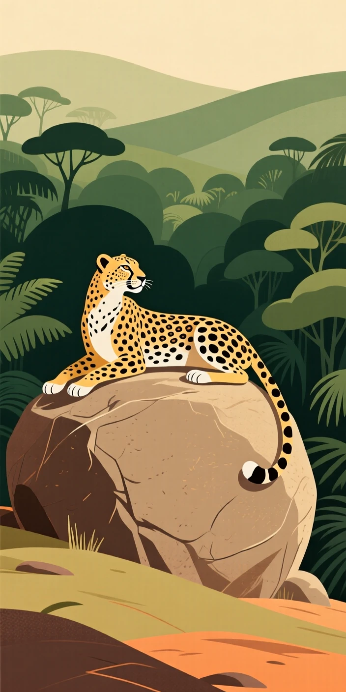 A majestic cheetah resting on a hillside boulder overlooking the dense jungle.