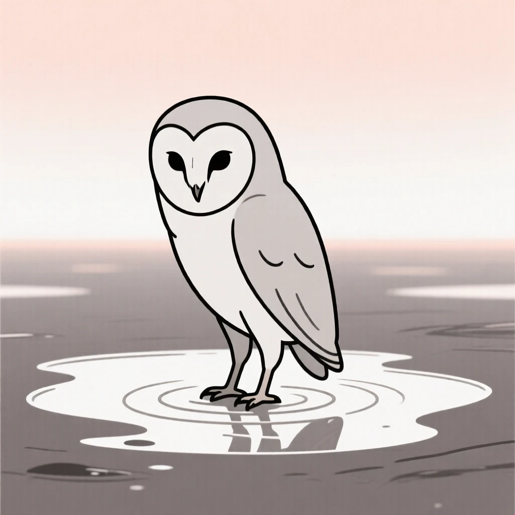 A curious barn owl pausing in a tide pool at low tide, with soft morning light in the background, radiating wild freedom.