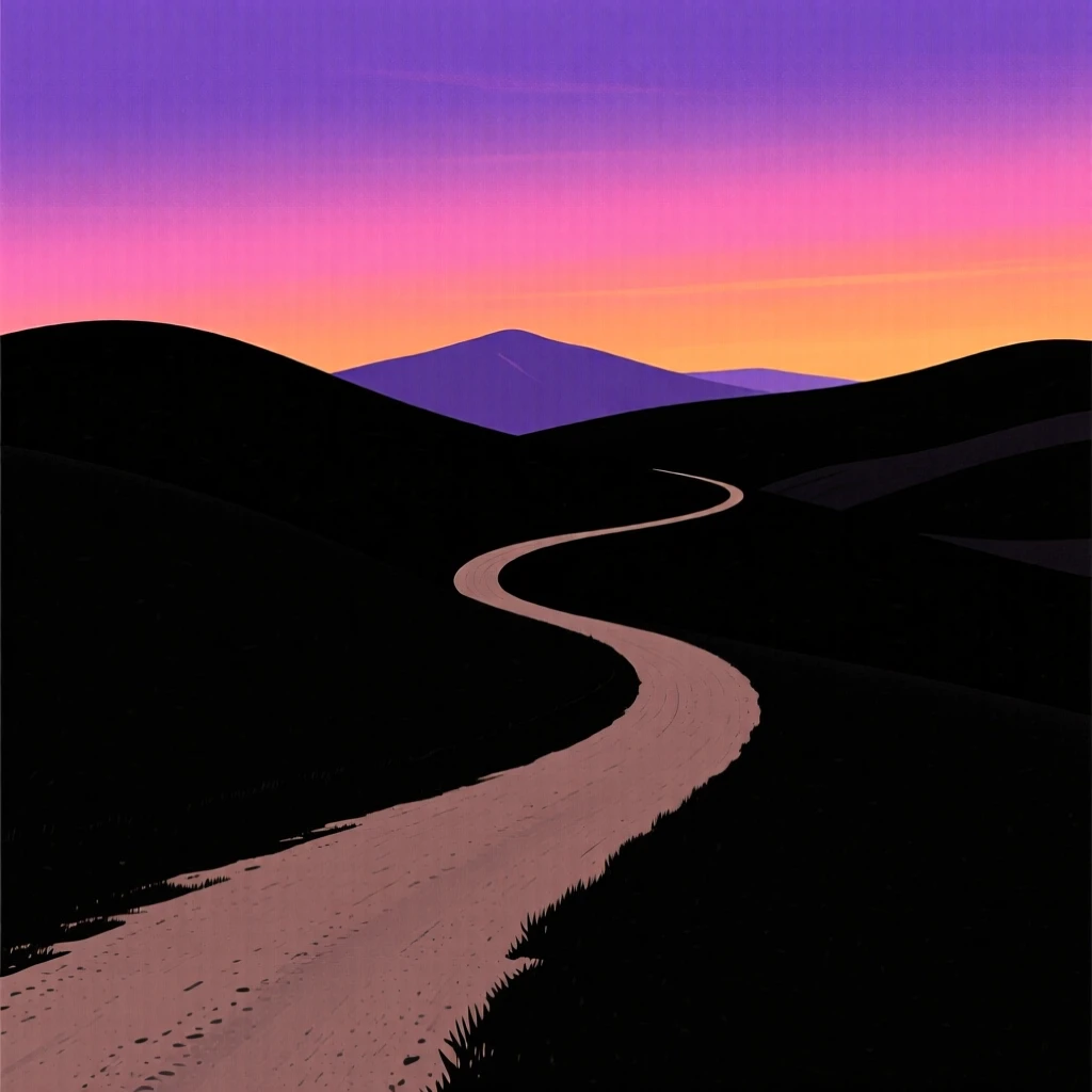 A quiet dirt road winding through rolling hills toward distant mountains.