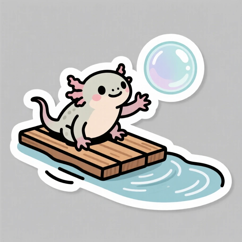 A gentle tiny axolotl chasing a floating soap bubble, on a raft drifting down a gentle stream.