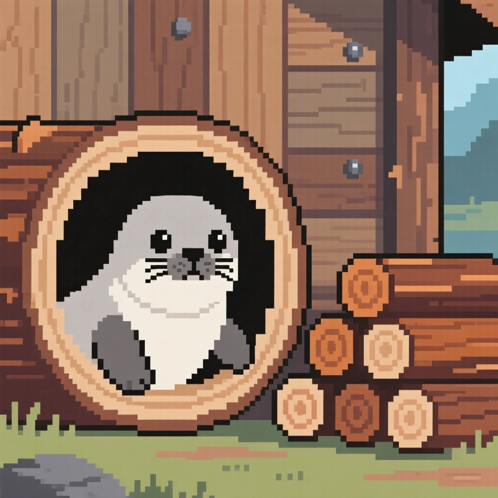A baby seal peeking out of a hollow log, beside a stack of firewood near a cabin.