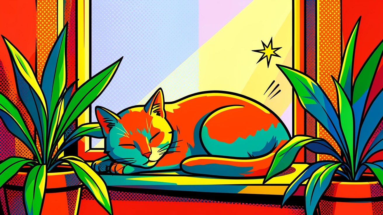 A cat napping in a sunbeam on a windowsill filled with plants